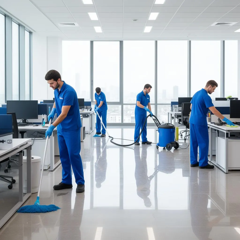 Team cleaning an open-plan office