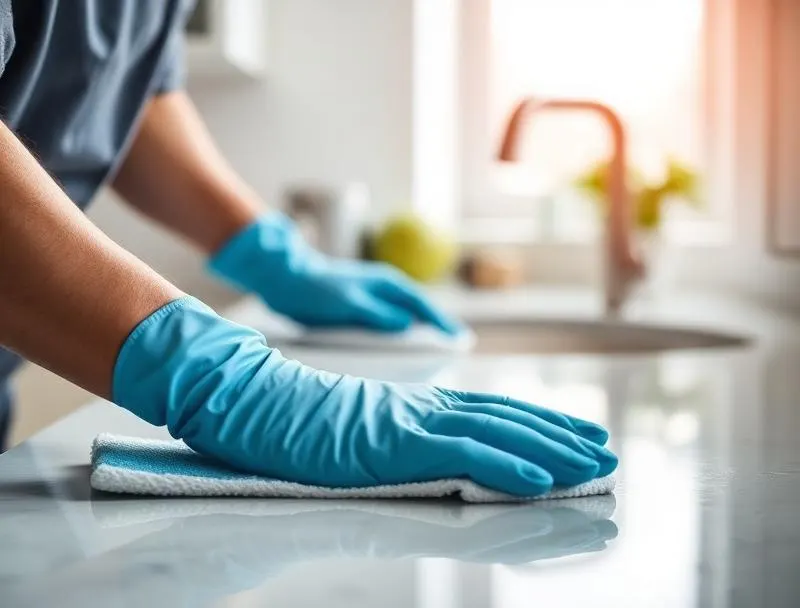 Gloved hand wiping a kitchen counter
