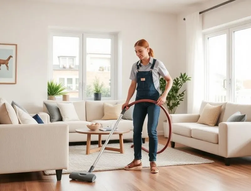 Cleaner vacuuming a living room